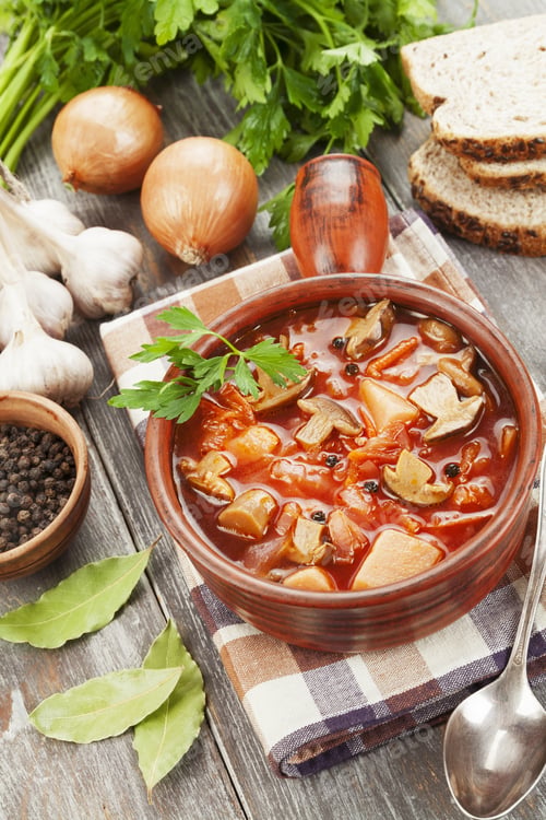 Preview: Russian Vegetarian Beetroots Soup With Mushrooms. Borsch