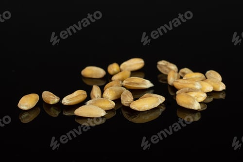 Preview: Lot Of Whole Fresh Beige Dinkel Wheat Grain Macro Isolated On Black Glass