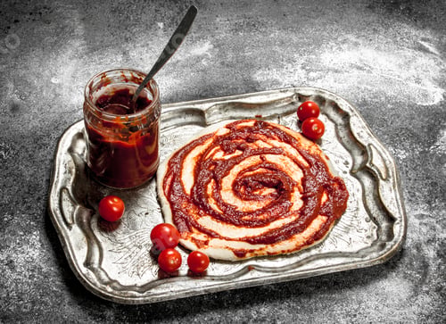 Preview: Preparation Of Pizza. Application Of Tomato Sauce On The Rolled Dough. On A Rustic Background.