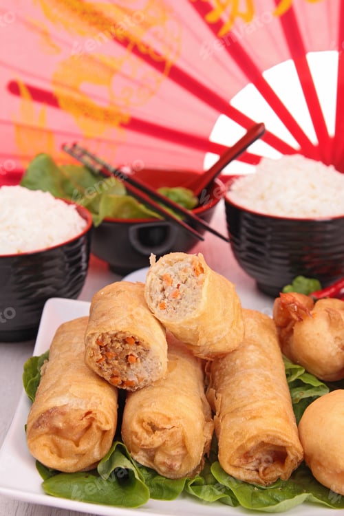 Preview: Chinese Food, Spring Roll And Rice