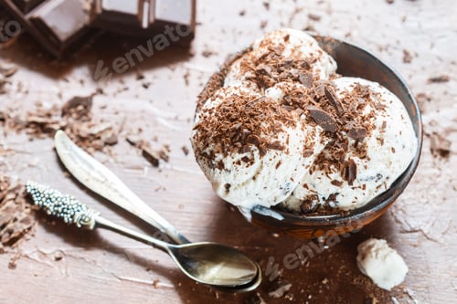 Preview: Homemade Vanilla Ice Cream With Chocolate Chips. Refreshing Dessert For Gourmets. Stracciatella