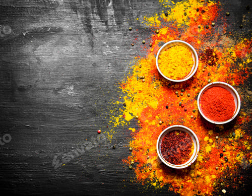 Preview: Ground Spices And Herbs From India. On The Black Chalkboard.