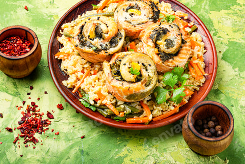 Preview: Fried Rice With Seafood.Traditional Seafood Paella.Rice With Salmon And Vegetables