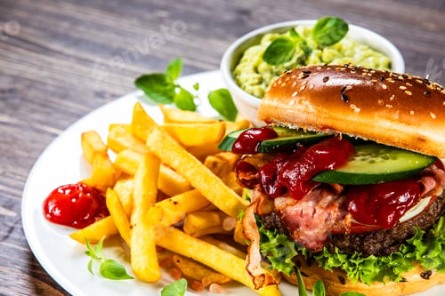 Preview: Tasty Burger With Chips Served White Plate