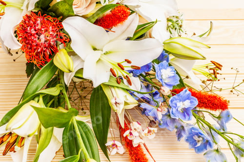 Preview: Bouquet Of Summer Festive Flowers. The Concept Of A Romantic Gift. Bridal Bouquet. Light Wooden