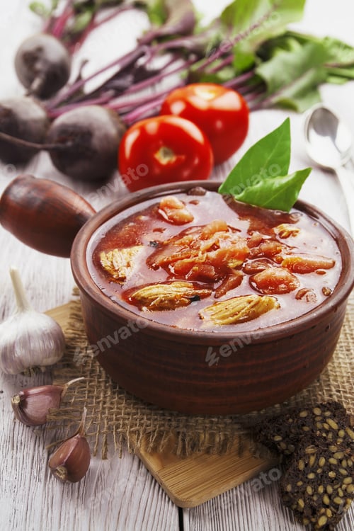 Preview: Soup With Red Beets And Meat. Russian Traditional Dish. Borsch