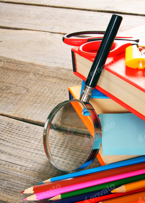 Preview: School Tools. On A Wooden Background.