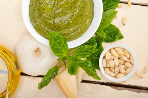 Preview: Italian Traditional Basil Pesto Sauce Ingredients On A Rustic Table