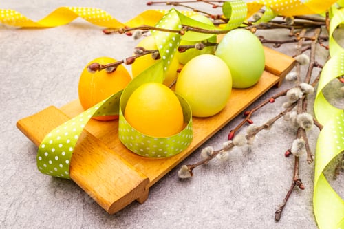 Preview: Easter Eggs, Willow Seals Branches, Polka Dot Satin Ribbons. Concept On A Wooden Stand On A Stone