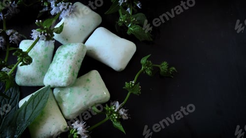 Preview: Chewing Gum Pads And Mint Leaves On A Dark Background. Organic Chewing Gum.