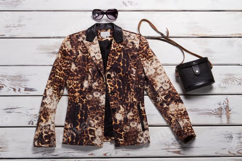 Preview: Leopard Blazer And Black Purse. Sunglasses And Vintage Bag. Luxury Clothing Item On Display
