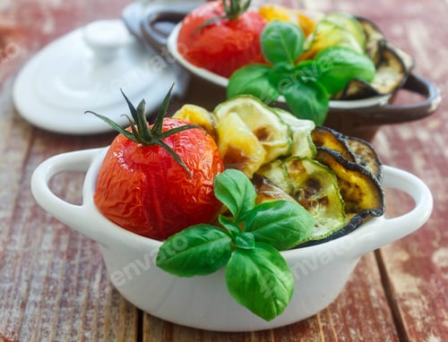 Preview: Vegetables, The Roasted - Eggplant, Zucchini, Tomatoes, Peppers And Garlic. Dietary Nutrition. Soft