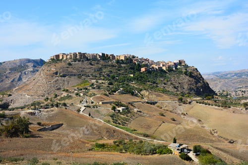 Preview: Picturesque Landscape Of Small Italian Village On Top Of Hill In Sicily. Old Town With Houses On