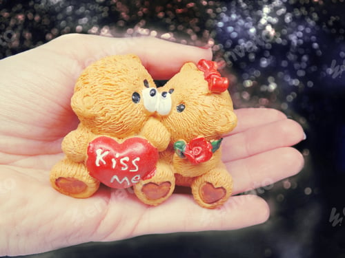 Preview: Love Wedding Greeting Card With Gift Teddy Bears Fiancee Bride In Woman'S Hand On Blurred Background