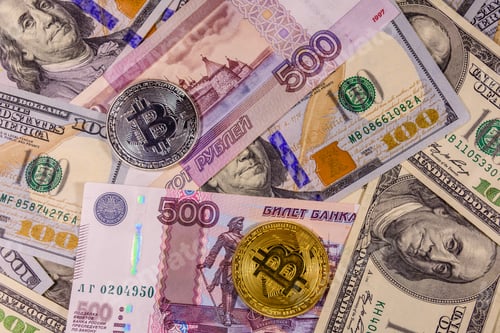 Preview: Bitcoin Coins On American And Russian Banknotes