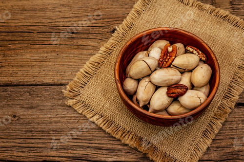 Preview: Ripe Pecan On Vintage Wooden Background. Traditional Ingredient For Pecan Pie In Usa