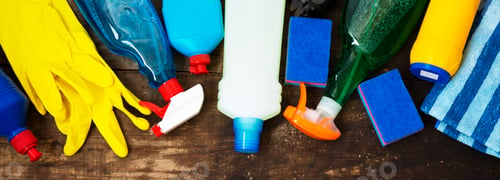 Preview: Cleaning Products On Wooden Background. Home Cleaning Concept. Top View. From Above, Flat Lay