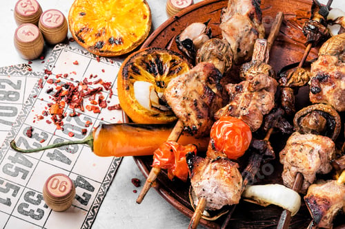Preview: Summer Picnic With Shashlik And Lotto Board Game.Barbecue And Board Games.Kebab