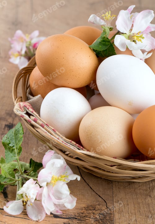 Preview: Beautiful Farm Eggs And Apple Blossoms On Wooden Surface
