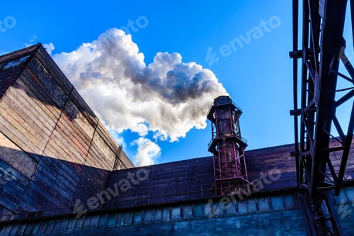 Preview: View On Smoke Pipe Of Factory Against Blue Sky. Environmental Pollution
