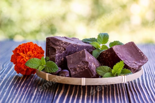 Preview: Dark Chocolate With Mint On A Wooden Table
