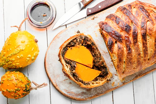 Preview: Loaf With Baked Pumpkin And Mushrooms.Wellington Pumpkin, Autumn Traditional Food.