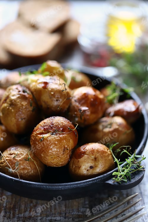 Preview: Baked Potatoes In A Peel In A Cast-Iron Skillet. Rustic Potatoes. Selective Focus. Macro.