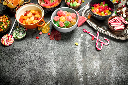 Preview: Multicolored Candy, Jelly And Marshmallows In A Bowl. On A Rustic Background.