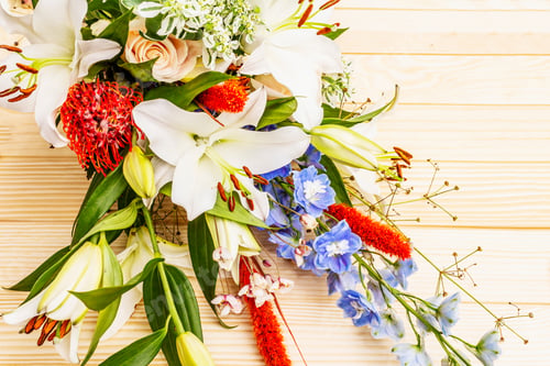 Preview: Bouquet Of Summer Festive Flowers. The Concept Of A Romantic Gift. Bridal Bouquet. Light Wooden