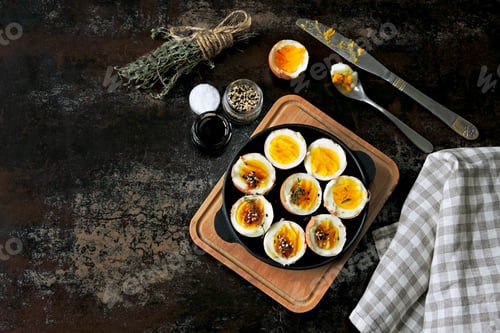 Preview: Soft Boiled Eggs In A Cast Iron Skillet. Nutritious Healthy Breakfast Or Snack.