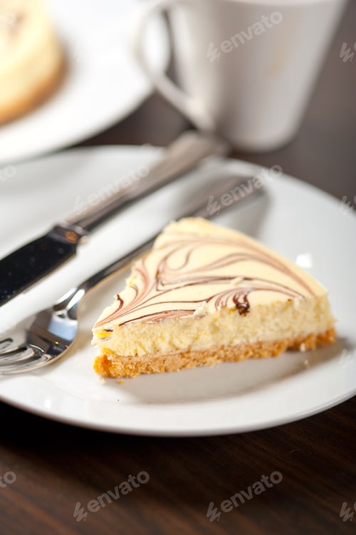 Preview: Fresh Baked Classic Cheese Cake With Chocolate Topping And Espresso Coffee