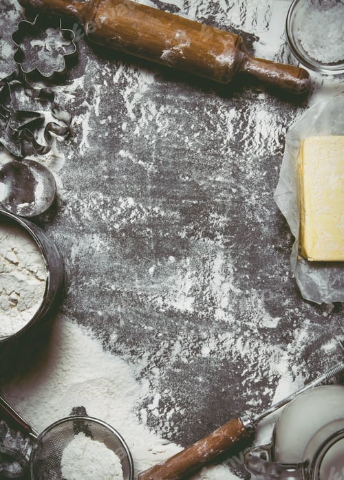 Preview: Preparation Of The Dough. Ingredients For The Dough - Flour, Butter, Milk, And Various Tools. On