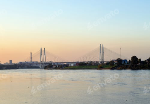 Preview: Cable Stayed Bridge And Neva River On The Outskirts Of St. Petersburg At Sunset, Russia.