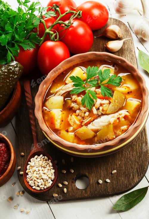 Preview: Pickle Soup With Chicken Meat And Tomato Sauce. Rassolnik