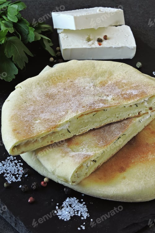 Preview: A Flat Cake Stuffed With White Cheese And Parsley. Middle Eastern Cuisine. Healthy Food.