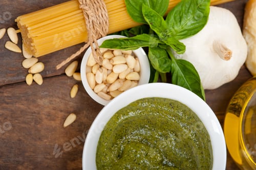Preview: Italian Traditional Basil Pesto Pasta Ingredients Parmesan Cheese Pine Nuts Extra Virgin Olive Oil