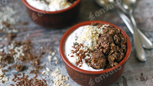 Preview: Keto Diet. Healthy Breakfast With Yogurt And Seeds. Selective Focus. Macro.