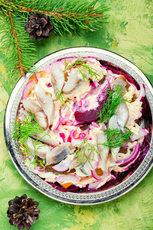 Preview: Appetizing Salad With Herring And Vegetables.Russian Cuisine.Traditional Ukraine Salad Herring