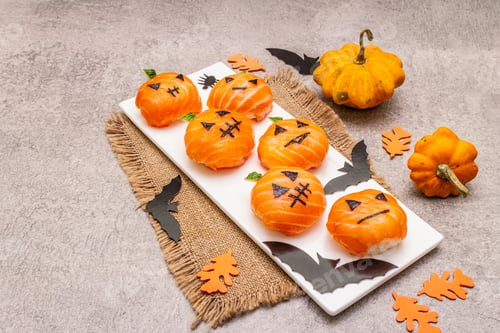 Preview: Funny Halloween Sushi Pumpkins Jack O Lantern, Sushi Monsters. Temari Sushi, Sushi Balls. Healthy