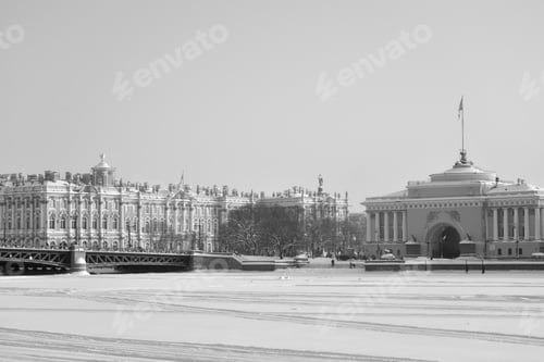 Preview: Admiralty Embankment Of Neva River At Winter In St.Petersburg, Russia. Black And White.