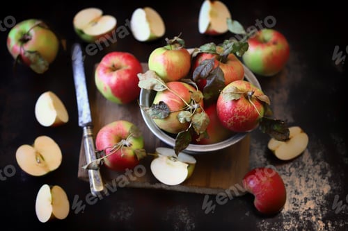 Preview: Selective Focus. Apples In A Bowl. Harvest Apples. Sliced Apples.
