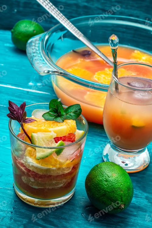 Preview: Glass With Drink Of Freshly Squeezed Tropical Fruit With Pulp.Selective Focus.Photo Tinted.