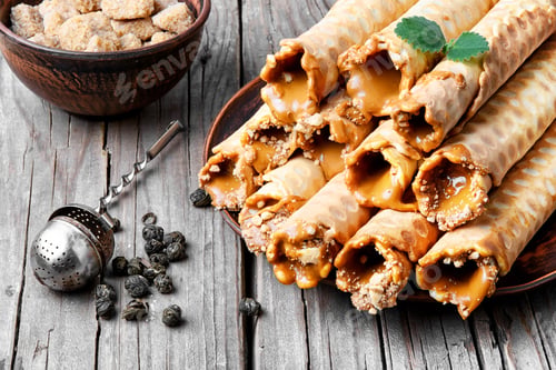 Preview: Baked Homemade Waffle Rolls With Custard For Tea