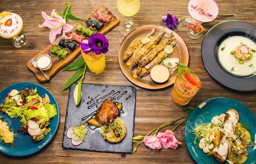 Preview: Set Of Food And Drink-Soup,Fish,Meat And Cocktails On Wooden Background