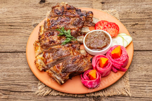 Preview: Bbq Pork Ribs With Fermented, Baked And Fresh Vegetables. Teriyaki Sauce, Spices, Plum Chutney. Old