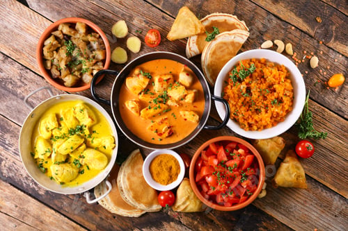 Preview: Assorted Indian Food - Naan, Curry Chicken, Dhal Lentil And Rice