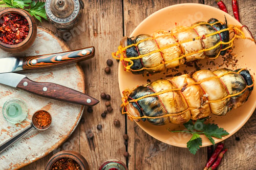 Preview: Hot Smoked Mackerel Roll.Delicious Smoked Fish On Wooden Table