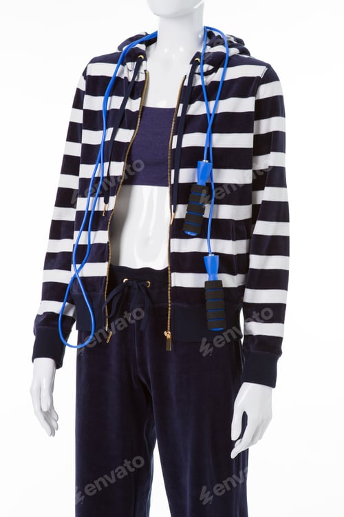 Preview: Navy Pants And Striped Hoodie. Mannequin With Blue Skipping Rope. Sports Outfit For Ladies. Spring