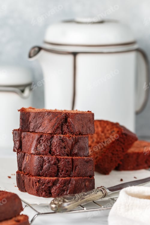 Preview: Sliced Homemade Chocolate Pound Cake Loaf. Delicious Dessert. A Treat For Tea Or Coffee. Breakfast