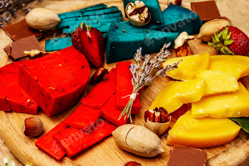 Preview: Cheese Plate. Assorted Multicolored Hard Dutch Cheeses. Blue And Red Pesto, Aged Gouda. Strawberry